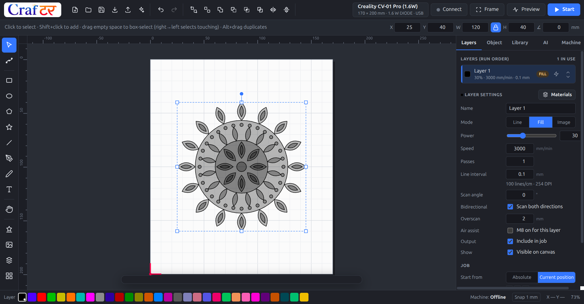 The Crafter Studio workspace: a mandala laid out on a 170 × 200 mm work area, with layer power, speed and scan settings in the right-hand panel.